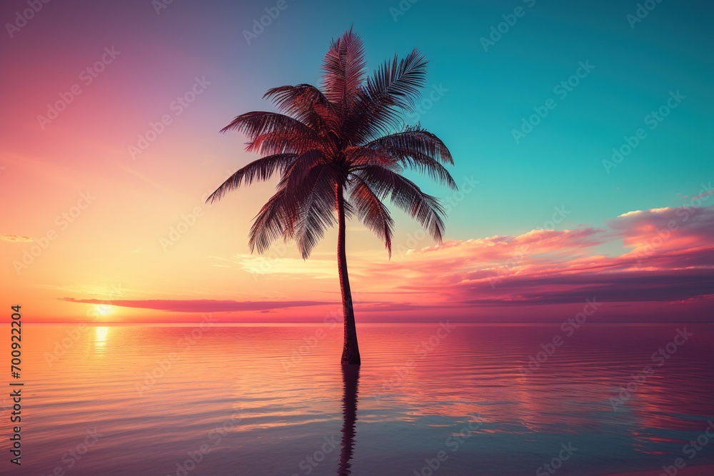 Beautiful nature tropical beach and sea with coconut palm tree at sunset time for travel and vacation