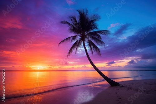 Beautiful nature tropical beach and sea with coconut palm tree at sunset time for travel and vacation