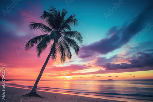 Beautiful nature tropical beach and sea with coconut palm tree at sunset time for travel and vacation