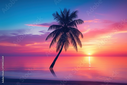 Beautiful nature tropical beach and sea with coconut palm tree at sunset time for travel and vacation