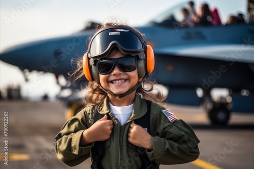 Portrait of a cute little girl pilot with airplane in the background