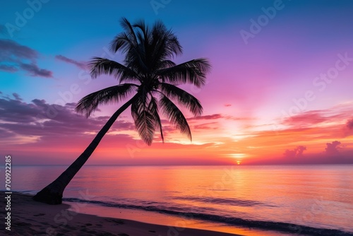 Beautiful nature tropical beach and sea with coconut palm tree at sunset time for travel and vacation