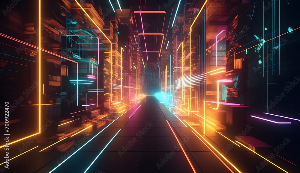 Fototapeta premium futuristic sci-fi background with neon lights and reflective tunnel motion patterns