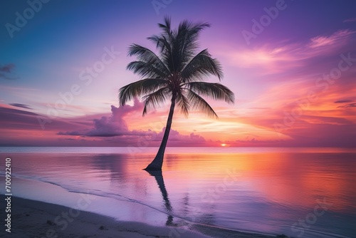 Beautiful nature tropical beach and sea with coconut palm tree at sunset time for travel and vacation © Rudsaphon