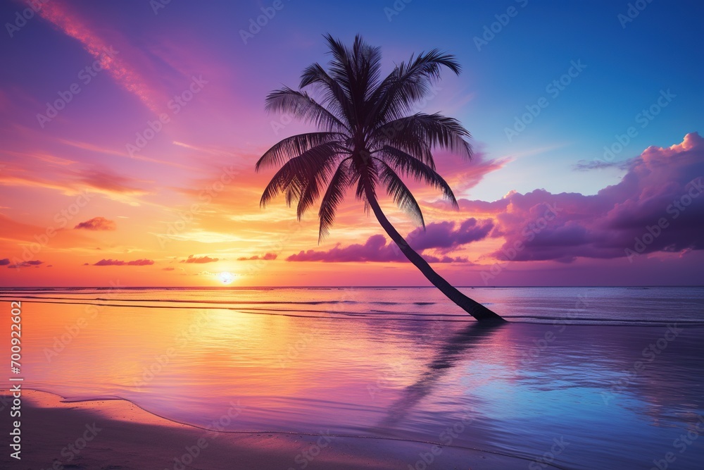 Beautiful nature tropical beach and sea with coconut palm tree at sunset time for travel and vacation