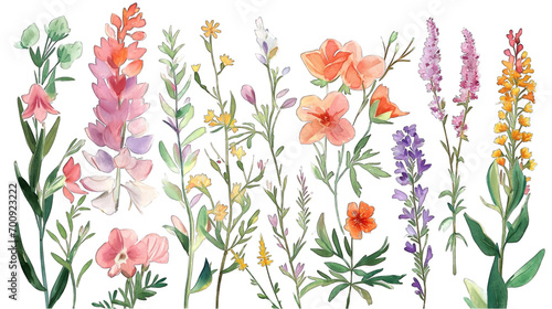 A bouquet of bright watercolor flowers splashed across a white background