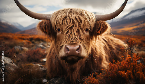 highland cow in a field photo