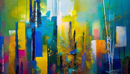 Abstract painting with a mixed texture of paint coating media and organic materials with bright colors