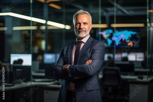 Portrait of a confident senior businessman standing with arms crossed in office