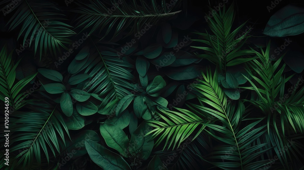 Fototapeta premium Dark green large Tropical palm leaves on dark background. Natural summer background Close up.
