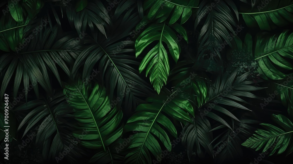 Dark green large Tropical palm leaves  on dark background. Natural summer background Close up.