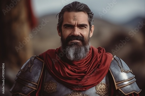 Portrait of a bearded medieval knight in armor, closeup.