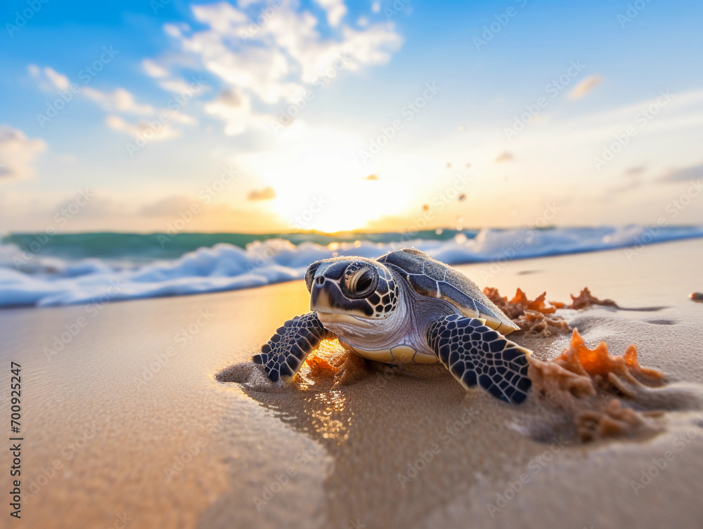 A baby sea turtle on tropical sand beach 