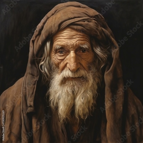 Portrait of the old man with a long white beard and mustache in a brown cloak