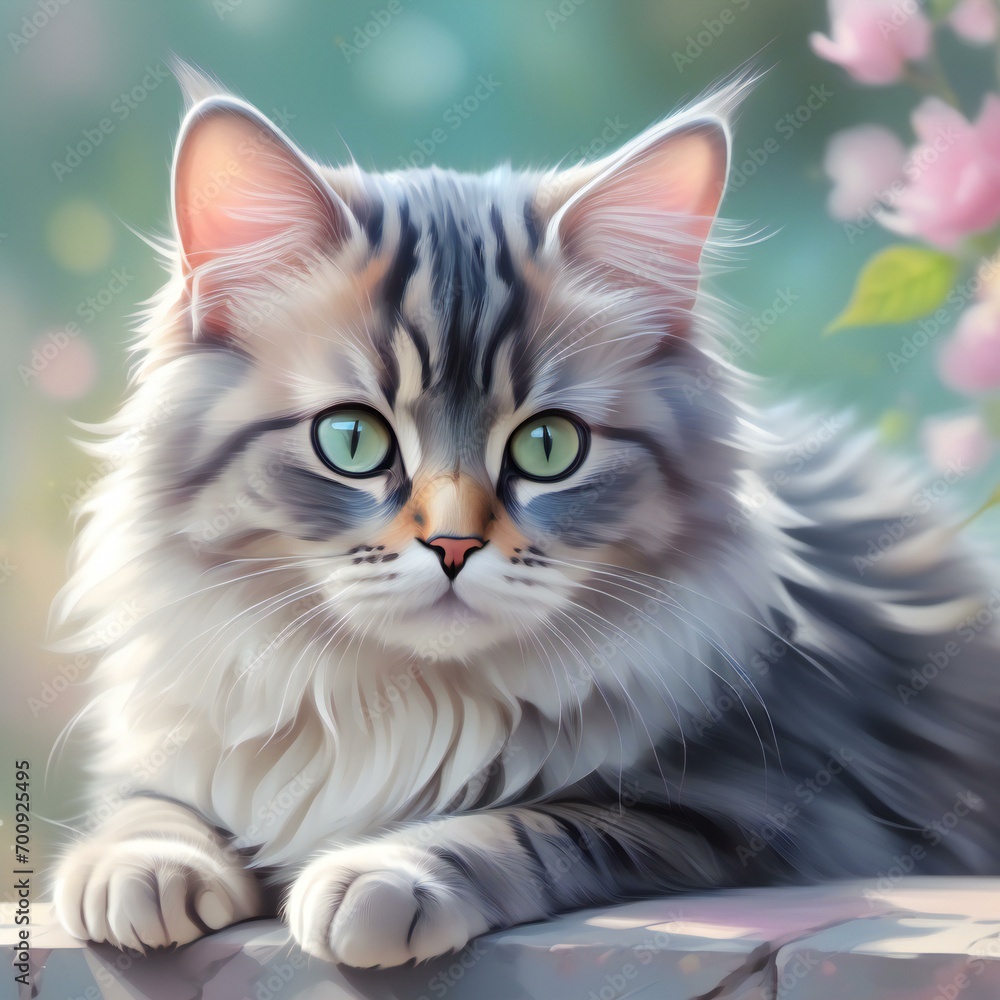 Siberian cat on the background of spring flowers,  Digital painting