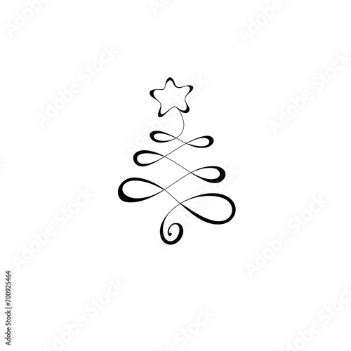 Christmas pine fir tree line art. Continuous one line drawing. Freehand illus...