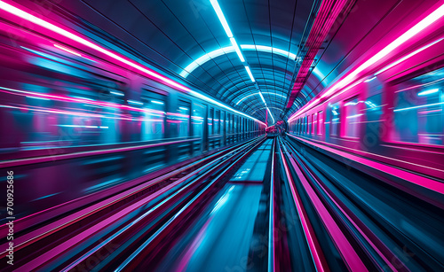 Fast underground subway train racing through the tunnels. Neon pink and blue light.