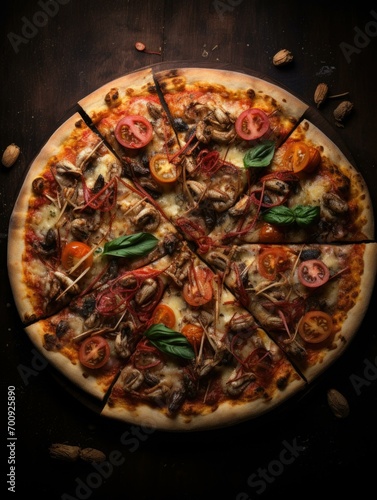 A pizza with meat, mushrooms and tomatoes on a wooden table. Generative AI.