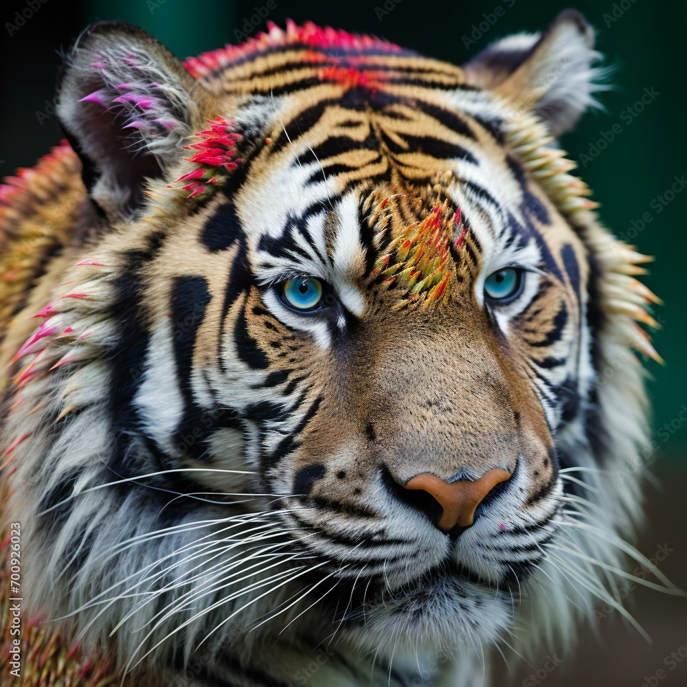 Close-up of tiger with beautiful blue eyes and pink feathers