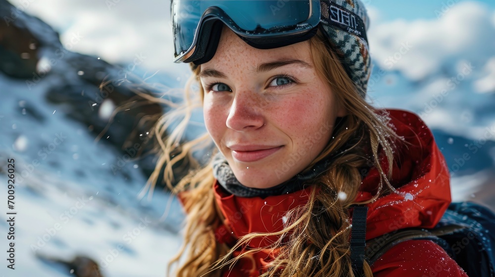 Woman with Ski goggles and Ski helmet on the snow mountain Woman with Ski goggles and Ski helmet on the snow mountain