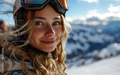 Woman with Ski goggles and Ski helmet on the snow mountain © hakule