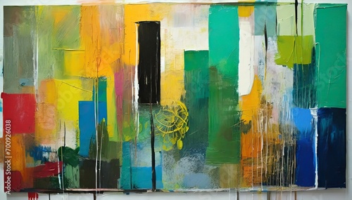 Abstract painting with a mixed texture of paint coating media and organic materials with vibrant colors