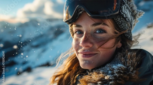 Woman with Ski goggles and Ski helmet on the snow mountain © hakule