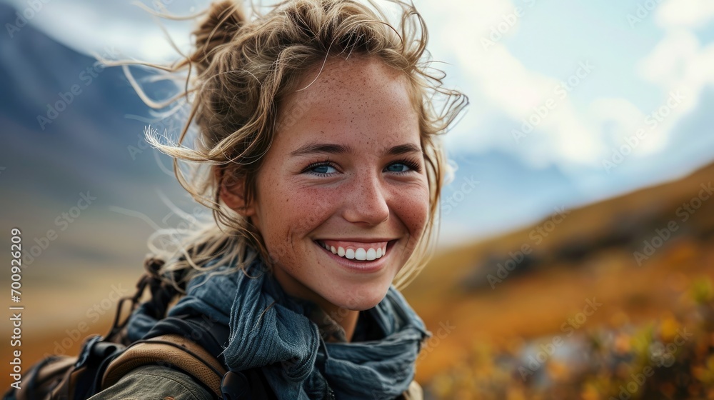 beautiful Americans woman, hiker selfie on the mountain beautiful Americans woman, hiker selfie on the mountain