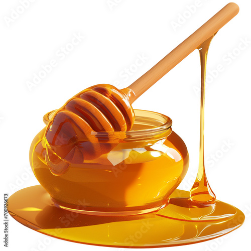 Liquid honey with dipper and glass bowl, 3d design. Suitable for food, beverage and cosmetic elements