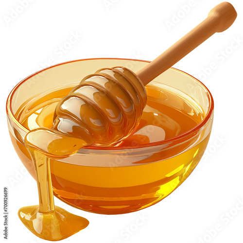 Liquid honey with dipper and glass bowl, 3d design. Suitable for food, beverage and cosmetic elements