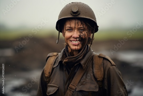 Portrait of a girl in a military uniform of the World War II.