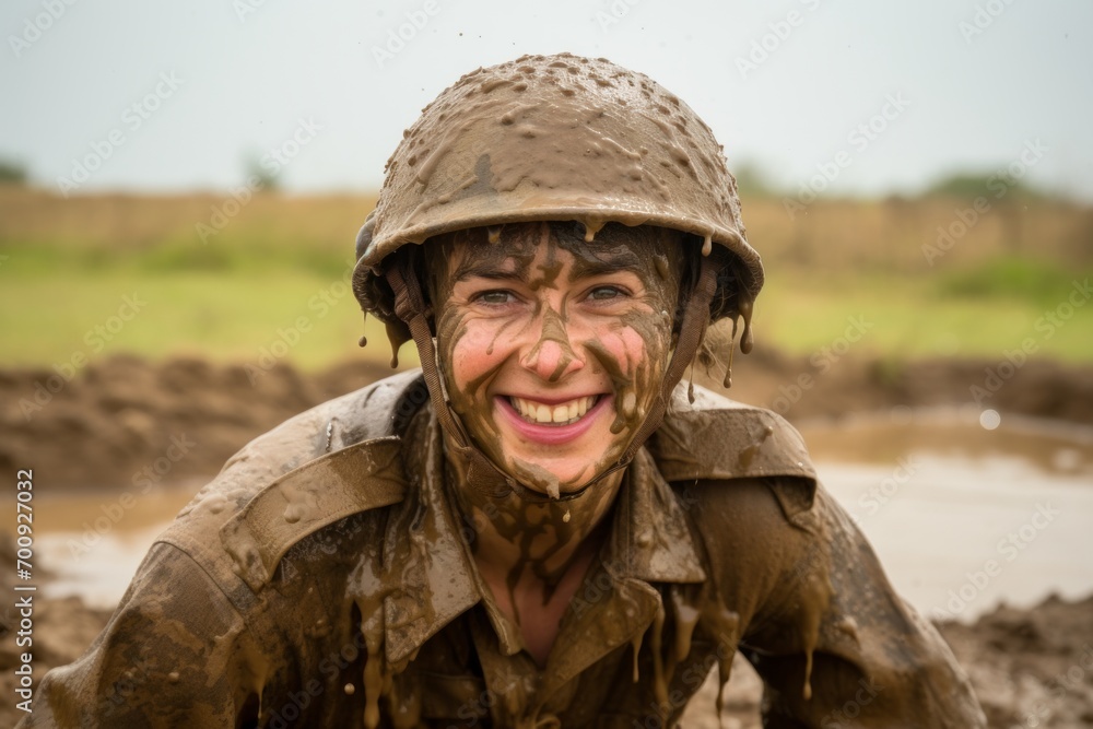 Screaming woman in military uniform and helmet in mud puddle