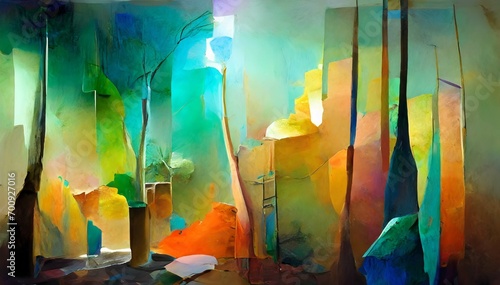 Abstract painting with a mixed texture of paint coating media and organic materials with vibrant colors