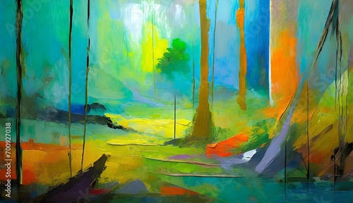 Abstract painting with a mixed texture of paint coating media and organic materials with vibrant colors