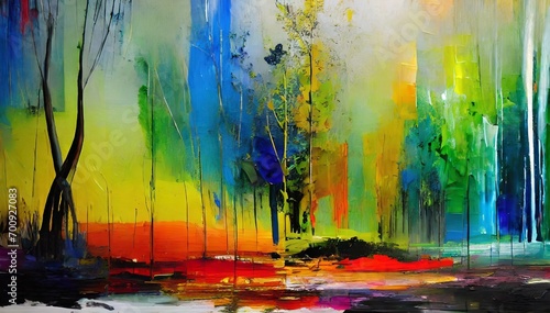 Abstract painting with a mixed texture of paint coating media and organic materials with vibrant colors