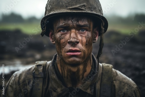 Portrait of a man in a military uniform in the rain.