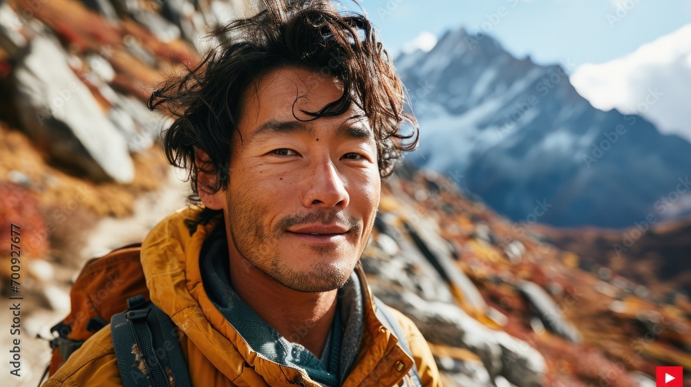 handsome man, hiker selfie on the mountain handsome man, hiker selfie on the mountain