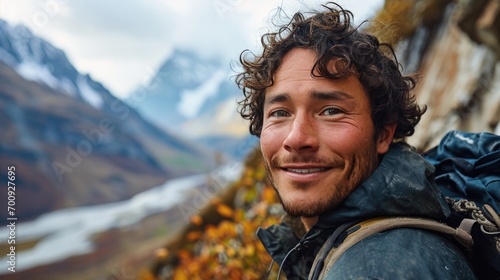 handsome man, hiker selfie on the mountain