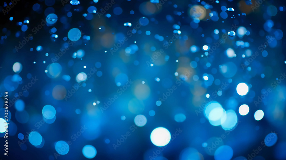 Blue bokeh, raining light, blurry lights, blurry background, blue confettis on a black background, underwater, night lights, city lights, haze, depth of field, round bokeh, circle bokeh 
