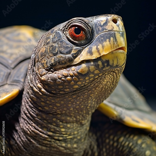 Portrait of a turtle on a dark background, Close-up