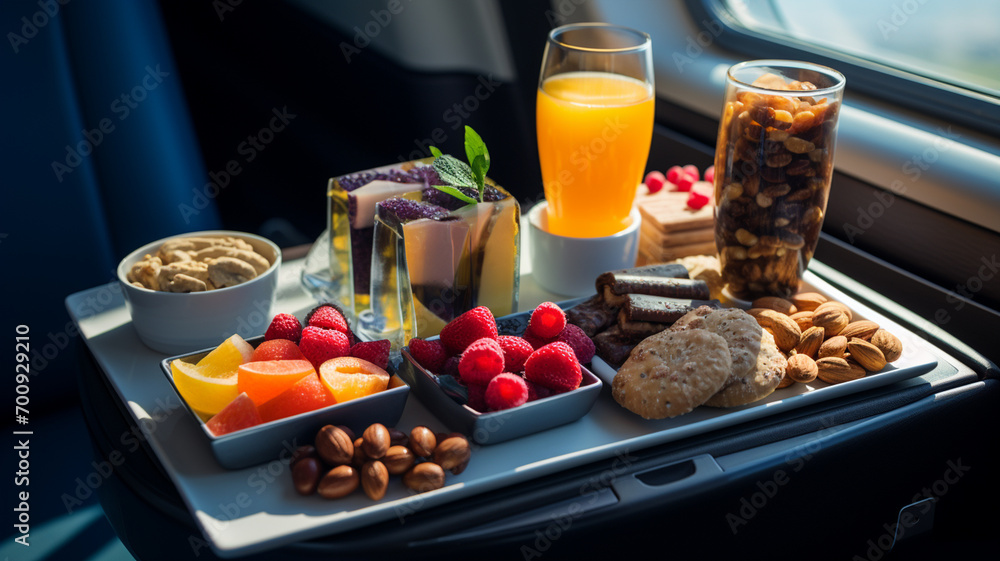 airplane tray with dessert - obrazy, fototapety, plakaty 