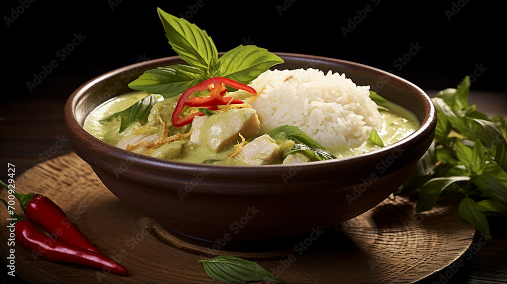 Spicy Thai green curry with chicken - obrazy, fototapety, plakaty 