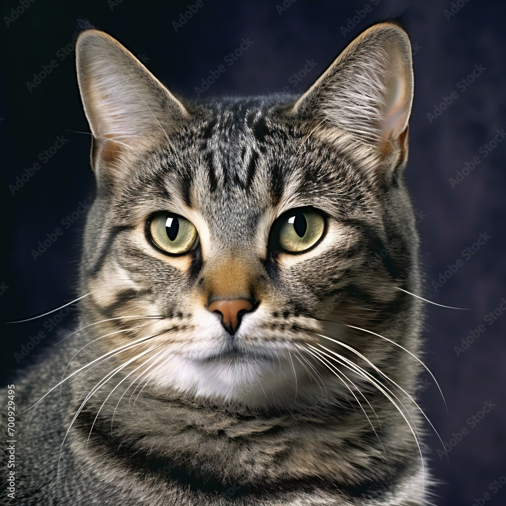 Portrait of a tabby cat with green eyes on a dark background