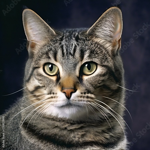 Portrait of a tabby cat with green eyes on a dark background