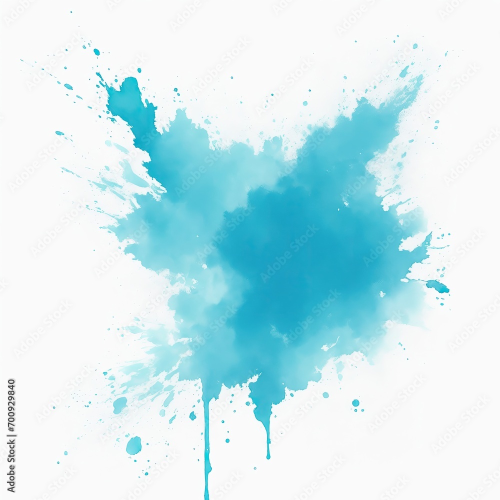 Cyan watercolor paint splashes texture on white background