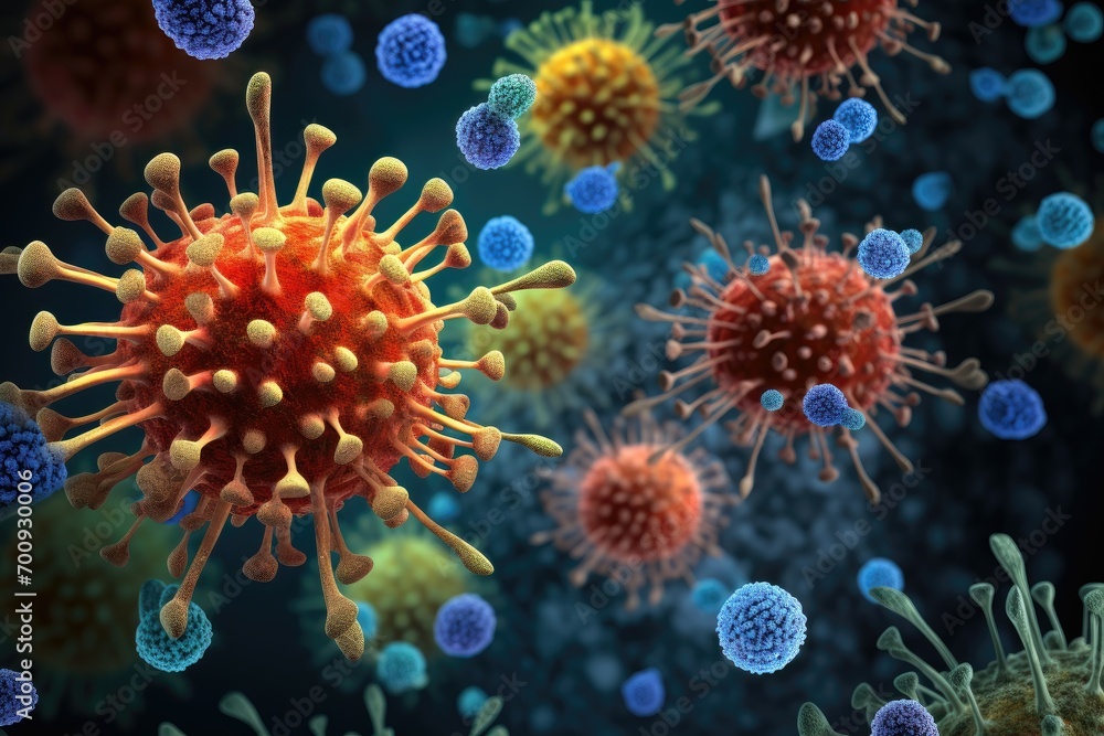 Microscopic view of viruses with golden hues among blue particles Microscopic view of viruses with golden hues among blue particles