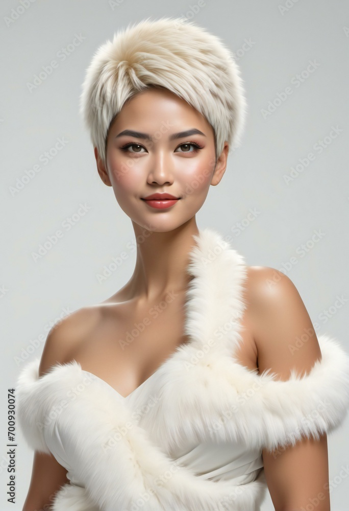 Portrait of beautiful asian woman in fur coat on gray background