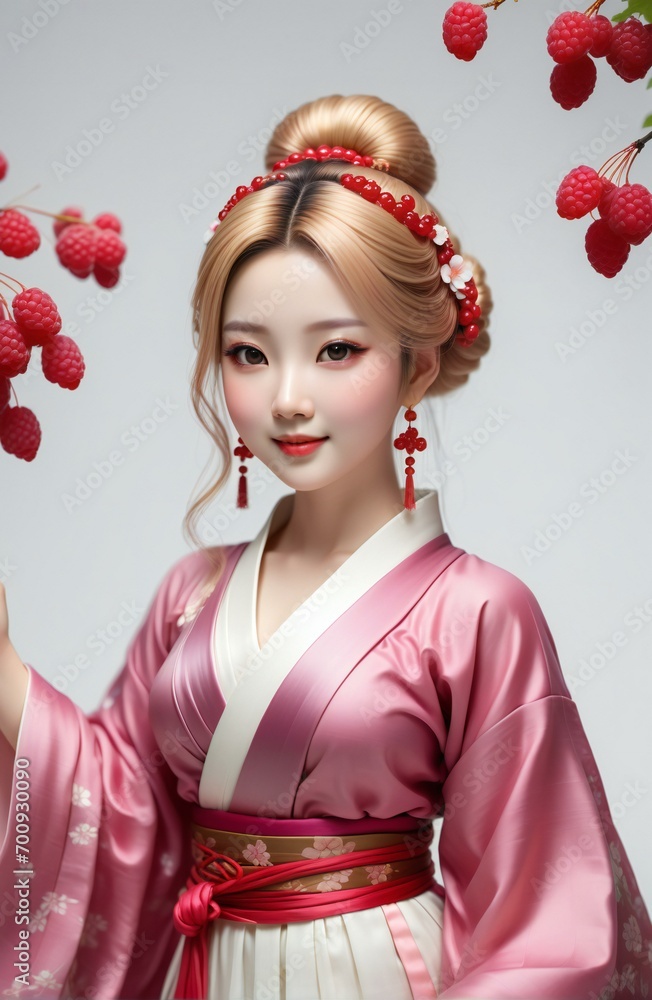 Beautiful geisha doll in kimono with raspberries