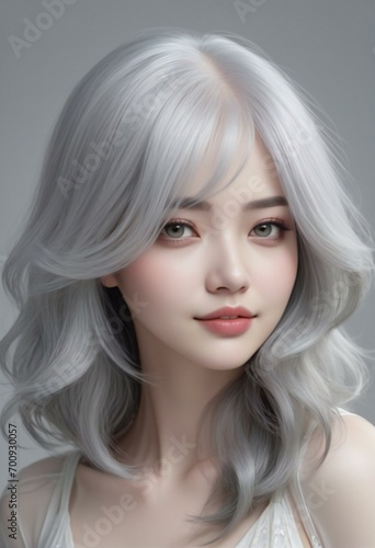 Portrait of beautiful asian woman with white hair and grey eyes