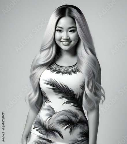 Beautiful asian woman with long wavy hair on gray background